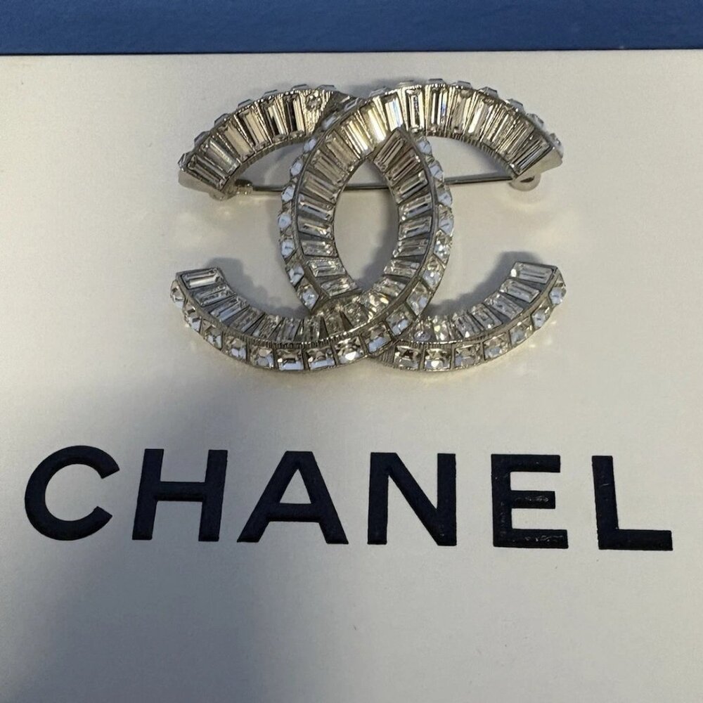 Chanel 22V Crystal CC Brooch Large Silver Baguette Rhinestone Pin with Box